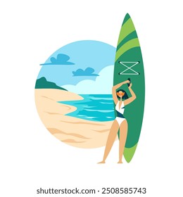 Girl with a supboard against the backdrop of the beach and sea. Vector illustration banner.