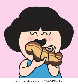 Girl With Super Happy face While Eating Jumbo Chocolate Twist Bread Concept Card Character illustration