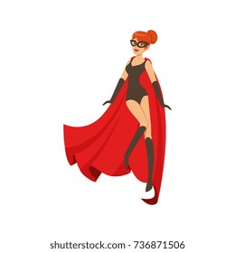 Girl superhero in classic black comics costume with red cape