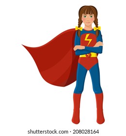 Girl in superhero costume full length portrait isolated on white background vector illustration.