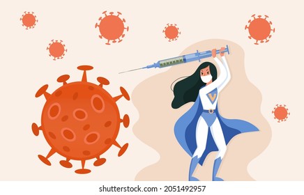 A girl in a superhero costume with a raincoat and a protective mask holds a syringe with a vaccine in her hands and fights the virus. The concept of covid-19 vaccination, pandemic control, herd immuni