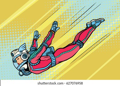 Girl Superhero Flying In A Futuristic Space Suit. The Woman Jumps Down. Pop Art Retro Vector Illustration