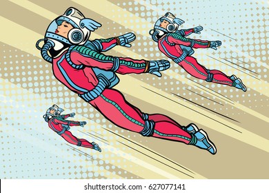 Girl superhero flying in a futuristic space suit. Pop art retro vector illustration