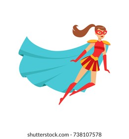 Girl superhero flying in red costume with blue cape