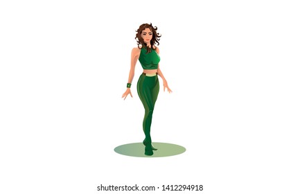 girl superhero in a green suit. girl with curly hair. - vector