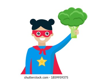 Girl superhero holding broccoli. Healthy food concept for good health. Vector illustration