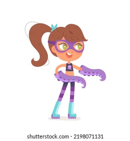 Girl Superhero With Scary Octopus Tentacles On Arms Vector Illustration. Cartoon Isolated Cute Kid Character Playing On Halloween Party, Wearing Purple Fantasy Costume Of Ocean Underwater Monster