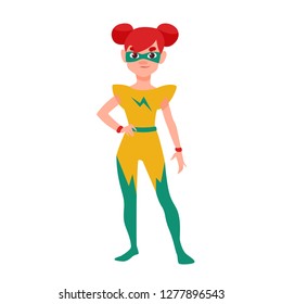 Girl superhero or supergirl. Beautiful smiling redhead child wearing bodysuit and mask with super powers. Strong and powerful comic or fantastic character. Vector illustration in flat cartoon style.