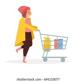 Girl with the supermarket cart. Vector. Cartoon. Isolated art on white background. Flat. 