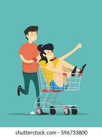 Girl in a supermarket cart. Vector illustration.