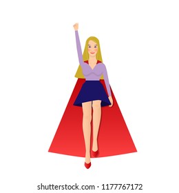 Girl with supernatural powers is flying in space, red cape, blond long hair, isolated on white background
