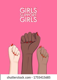 Girl support feminist anti racist protest poster. Vector woman arm feminism sticker, hand-drawn illustration, female solidarity activism protest. Empowerment badge, inspirational typography quote.