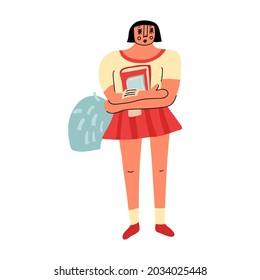 A girl from a support group goes to class with a stack of books and a schedule. A cheerleader in uniform. The beginning of classes. Vector illustration in flat style. The pompom is held in her hand.