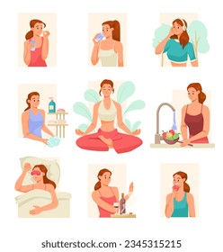 Girl Support Immunity Engaged in Daily Healthy Activity Vector Set