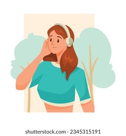 Girl Support Immunity Going for a Walk in the Park Listen to Music in Headphones Vector Illustration