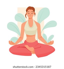 Girl Support Immunity Meditating in Yoga Lotus Pose Vector Illustration