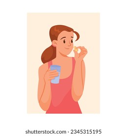 Girl Support Immunity Taking Vitamin Pill Vector Illustration