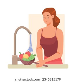 Girl Support Immunity Washing Fruits in Sink with Tap Water Vector Illustration