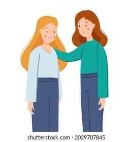 The girl supports her friend. The girl is crying. Women support each other isolated on a white background. Friendly support concept. Vector flat illustration.