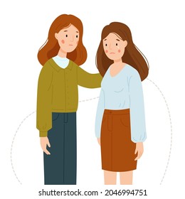 The girl supports her friend. The girl is crying. Women support each other isolated on a white background. Friendly support concept. Vector flat illustration.