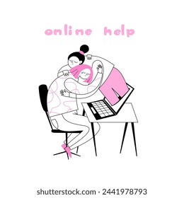 Girl supports her friend via the Internet. Graphic modern vector illustration help for women.