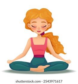 The girl supports the immune system by meditating in the Yoga Lotus position. Vector illustration on a white background