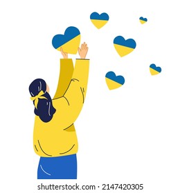 The girl supports Ukraine. The concept of staying with Ukraine. There is no war. Support for Ukraine. Vector illustration. Isolated.