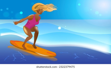 The girl in the surf among the waves. Vector illustration of a sporting holiday