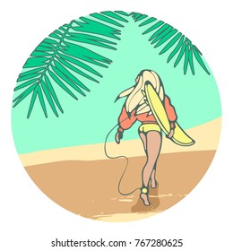 Girl with surf board and palm leaves on the beach hand-drawn.
Vector illustration in bright colors.