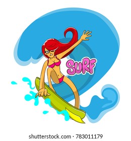 The Girl surf on action cartoon vector