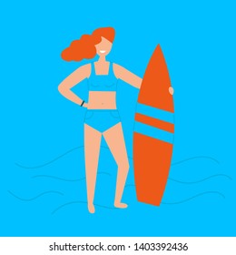Girl with a surf on the sea. Summer sport illustrations collection. Active lifestyle concept