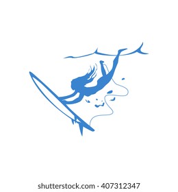Girl With Surf Under Wave Blue Silhouette Stylized Design Vector Print On White Background
