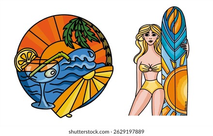 Girl and Surfboard with Cocktail – Minimalist Beach Scene, vector 
