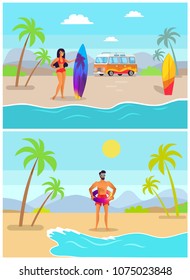 Girl with surfboard and guy in inflatable ring stand near sea ready to swim. Man and woman in swimwear on sandy beach with palms vector illustrations.