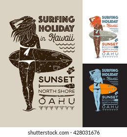 Girl with surfboard and the inscription: SURFING HOLIDAY IN HAWAII. Vector color and monochrome illustrations.