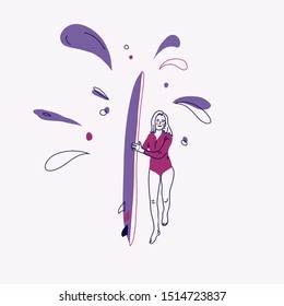  girl with surfboard. Lineart. Vector illustration