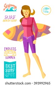 Girl with surfboard and logotypes