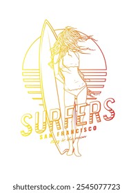 Uma garota com uma prancha de surfe no fundo do pôr do sol. Ilustração vetorial original em estilo vintage. Design de camiseta. Desenhado à mão, não com IA