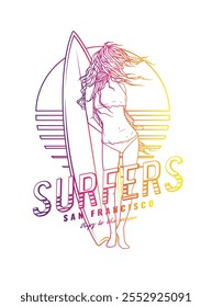 Uma garota com uma prancha de surfe no fundo do pôr do sol. Ilustração vetorial original em estilo vintage. Design de camiseta. Desenhado à mão, não com IA