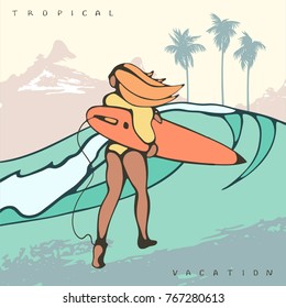 Girl with surfboard on the beach on a background of a big wave  and palms painted by hands.
Vector illustration in bright colors.