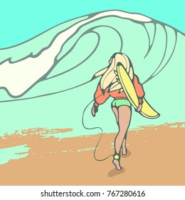 Girl with surfboard on the beach on a background of a big wave painted by hands.
Vector illustration in bright colors.