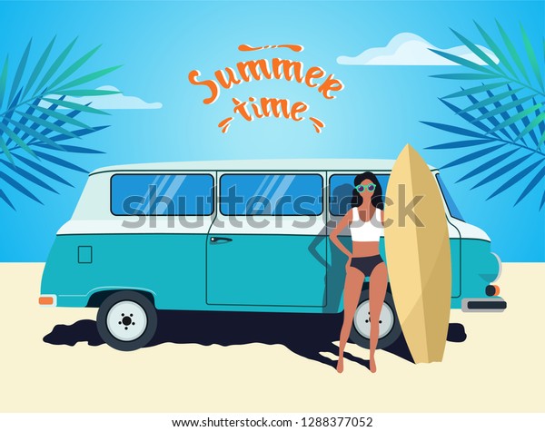 Girl with\
a surfboard and retro travel van. Sea or ocean landscape\
background. Summer time lettering\
illustration.