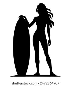 Girl with Surfboard Silhouette: Beach Lifestyle, Summer Fun, Ocean Adventure, Flat Vector Illustration