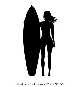 Girl with Surfboard Silhouette shadow rear view isolated white background