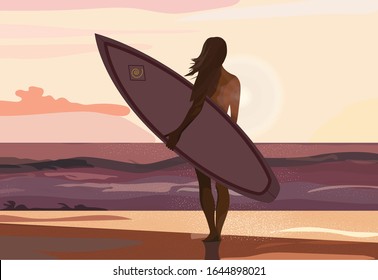 girl with a surfboard at sunset