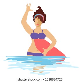 Girl with a surfboard. Vector concept design on summer beach holidays water sport and activities.