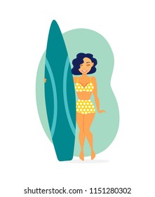 The girl with the surfboard. Vector illustration.