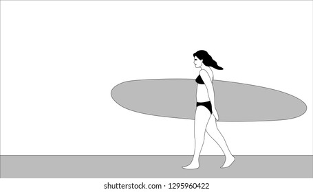 girl with   surfboard vector illustration flat style profile side