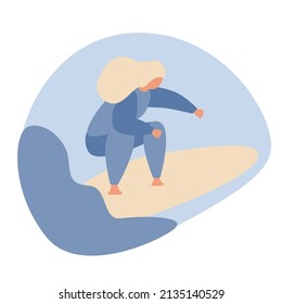 Girl surfer abstract character in swimsuit riding on ocean wave. Summer water sport with surfboard, surfing club or school, active hobby vector illustration