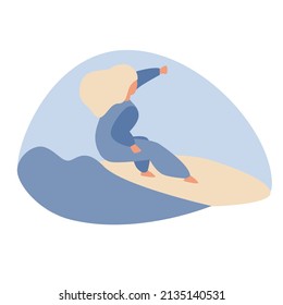 Girl surfer abstract character in swimsuit riding on ocean wave. Summer water sport with surfboard, surfing club or school, active hobby vector illustration